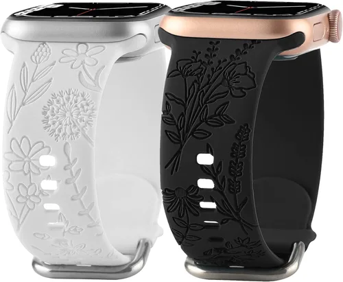 Correa de silicona grabada con flores compatible con correas de Apple Watch de 1.496 pulgadas, 1.575 pulgadas, 1.614 pulgadas, bonita correa