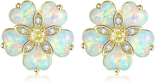 CiNily Aretes tipo dormilona de ópalo con flores para mujer, chapados en rodio, hipoalergénicos, grandes piedras preciosas de 1932 pulgadas