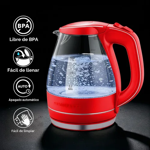 Miniatura 3 de OVENTE Hervidor Eléctrico, 1.5L de Vidrio de Borosilicato para Encimera, Calentador y Hervidor de Agua para Café o Té, Libre de BPA, Apagado Rojo
