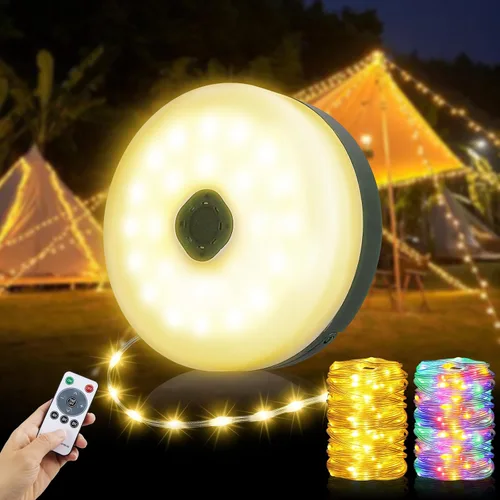 Cadena de luces de campamento de 33 pies, 100 LED, 4 en 1, recargable, 100 LED, para exteriores, con 14 modos de iluminación, control remoto,