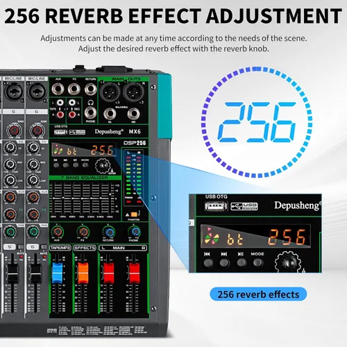 Miniatura 5 de Depusheng MX6 - Mezclador de sonido de 6 canales, consola de mezcla de audio 48V 256DSP profesional, USB, para PC, reproducción y grabación