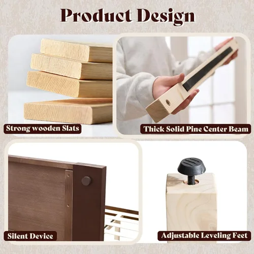 Miniatura 9 de AMERLIFE Base de cama tamaño Queen con cabecera de 48 pulgadas de alto, cama de plataforma de madera maciza moderna de mediados de siglo con sistema
