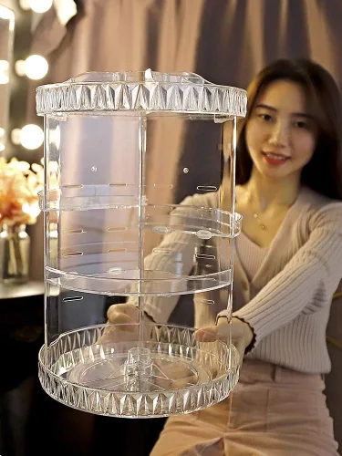 Miniatura 4 de PJLANDI Organizador de maquillaje acrílico con rotación de 360 grados, soporte de almacenamiento cosmético estante Perfume en tocador de baño