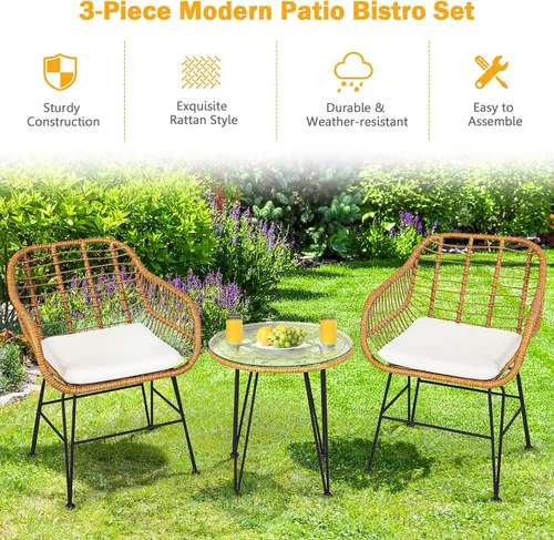 Miniatura 5 de HAPPYGRILL Juego de 3 piezas de ratán con marco de acero, mesa de centro redonda, cojines suaves, juego de muebles de ratán bistró Blanco
