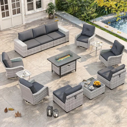 Miniatura 20 de Juego de muebles de mimbre para patio al aire libre de 3 piezas, sillas de patio giratorias mecedoras con respaldo alto con cojines gruesos de 4