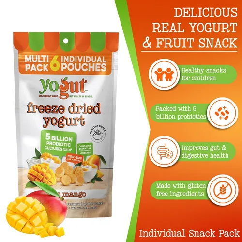 Miniatura 4 de YoGut Bocadillo de yogur liofilizado, mango, paquete de 6, aperitivos saludables para niños, niños pequeños y adultos, sin gluten, sin OMG, con 5