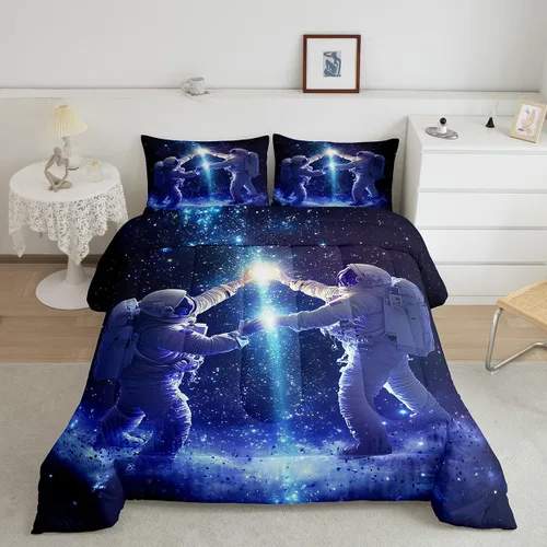 Miniatura 7 de Manfei Juego de edredón de astronauta de dibujos animados, tamaño individual, juego de ropa de cama colorido de cielo estrellado galaxia para niños