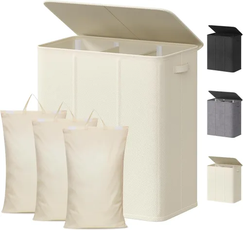 Miniatura 23 de Lifewit Cesta de lavandería doble con tapa y bolsas de lavandería extraíbles, gran plegable, 2 divisores, cesta de ropa sucia con asas para Negro