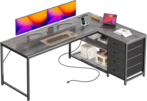 Miniatura 16 de PRAISUN Escritorio en forma de L de 53" con tomas de corriente y puerto USB-C, escritorio reversible de esquina para computadora de oficina con 4