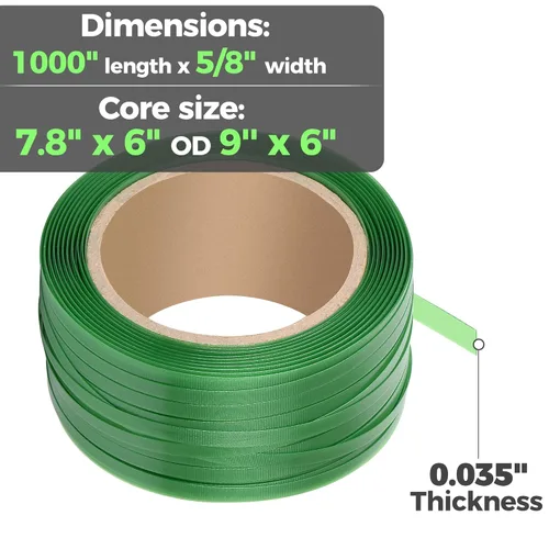 Miniatura 5 de Rollo de bandas de embalaje de alta resistencia, poliéster verde PET de grado industrial, bobina de correa de palé de 1000 x 5/8 x 0.035 pulgadas