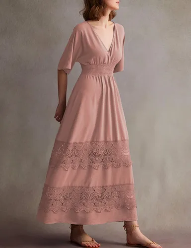 Miniatura 19 de Vestido largo de encaje para mujer de manga corta y cuello en V, vestido de fiesta estilo bohemio con cintura fruncida, vestido bohemio para mujer