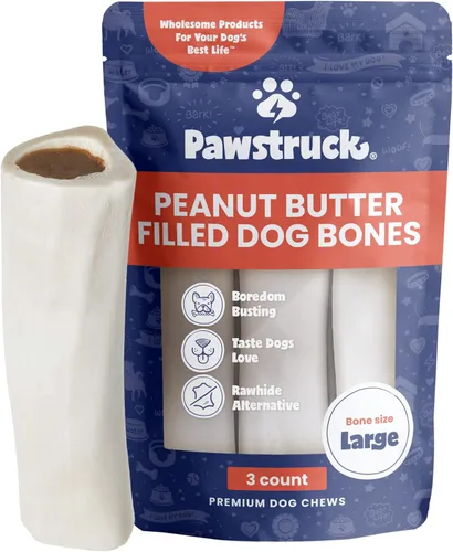 Pawstruck - Huesos de fémur grandes rellenos para perros, sabor de mantequilla de maní, 5 a 6 pulgadas, hecho en EE. UU., larga duración,
