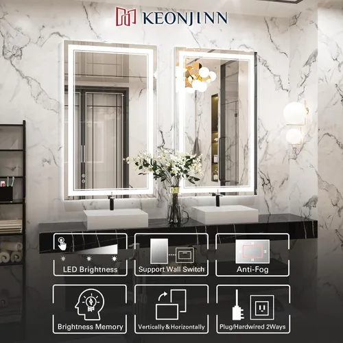 Miniatura 3 de Keonjinn Espejo LED para baño de 39.76 x 24.01 pulgadas, espejo de baño frontal y retroiluminado con luces, vidrio templado HD, 3 luces