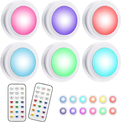 Miniatura 10 de Luces de disco con control remoto, 13 colores intercambiables, luces LED de disco con pilas, regulables, para debajo del gabinete, con 1 control