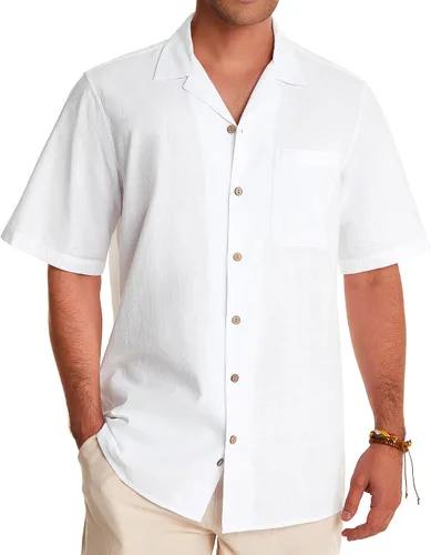 Alimens & Gentle Camisas casuales de algodón y lino con botones para hombre, de manga corta, para verano, playa, campamento cubano, guayabera