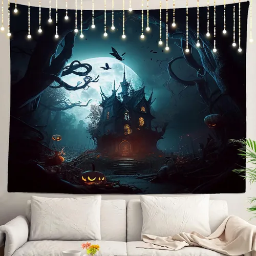 Shrahala Tapiz de pared divertido de Halloween, castillos, calabazas, murciélagos, bosques, niebla, para colgar en la pared, tapiz grande de fibra