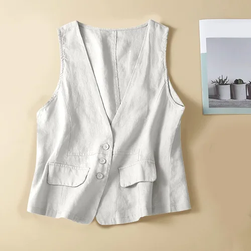 Miniatura 45 de COTECRAM Chaleco de lino de algodón para mujer, casual, sin mangas, con botones, ligero, para verano, holgado, ropa de abrigo