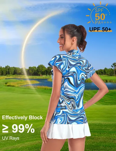 Miniatura 5 de Tanst Sky Polo de golf para mujer, con cremallera, volantes, manga corta, para entrenamiento, secado rápido