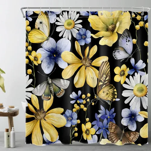 Miniatura 6 de Watercolor Plant Flower Shower Curtain Blue Yellow Floral and Retro Butterfly on Beige Shower Curtain Set for Bathroom Rustic Nature Fabric Bath