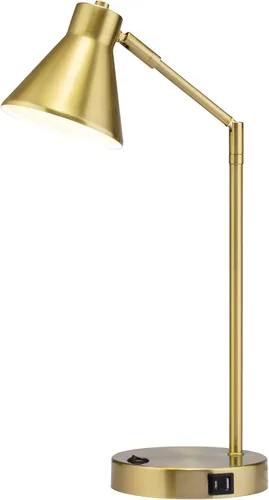 O'Bright Astrum - Lámpara de escritorio LED con puertos de carga USB duales, 100% metálica, brazos giratorios de 270 grados, luz blanca suave Latón