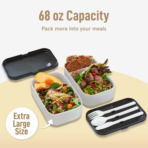 Miniatura 2 de KARRICO Caja Bento Doble Premium para Adultos, 67 onzas líquidas sin BPA - Lonchera Apilable Color Crema con Tapas y Divisores a Prueba de Fugas