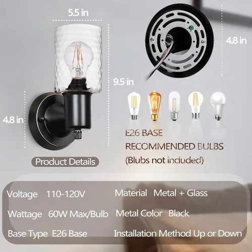 Miniatura 2 de Juego de 2 apliques de pared - Luces de tocador negras mate para baño, accesorios de luz de pared modernos con interruptor giratorio - Luz