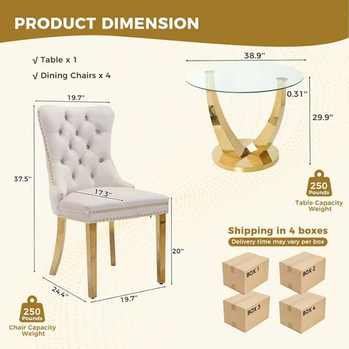 Miniatura 3 de Juego de mesa de comedor redonda de vidrio de 38.9 pulgadas para 4, mesa de cocina redonda dorada con 4 sillas decorativas de terciopelo tapizadas