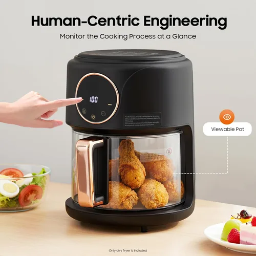 Miniatura 6 de Freidora de aire de 4.44 cuartos de galón, cesta de vidrio de borosilicato, antiadherente y apta para lavavajillas, vista de 360°, temperatura Negro