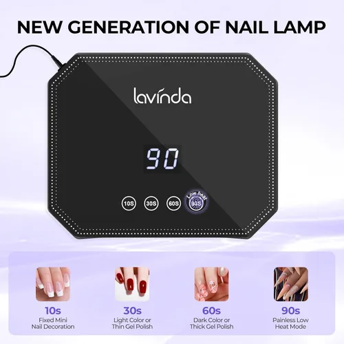 Miniatura 3 de Lavinda Lámpara de uñas LED UV de 54 W, luz de uñas de gel enchufable con pantalla LCD, 4 temporizadores, sensor automático, longitud de onda doble