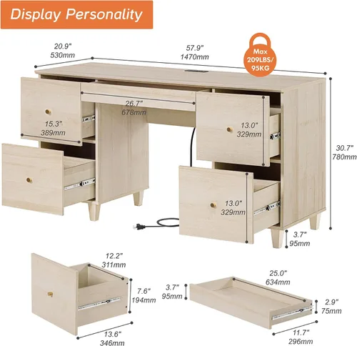 Miniatura 2 de WAMPAT - Escritorio de madera de 58 pulgadas con 4 cajones profundos y estación de carga, roble claro Modern Executive Desk with Keyboard Storage