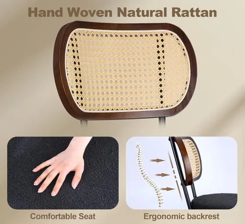Miniatura 5 de Juego de 2 taburetes de bar de ratán, taburetes de bar giratorios de altura de mostrador con respaldo, sillas de cocina tapizadas de granja con Negro