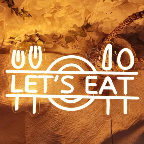 Miniatura 5 de SYLHOME Letrero de luz LED de neón con texto en inglés "Let's Eat", tenedor, cuchillo, cuchara, plato, plato para restaurante de alimentos, cocina