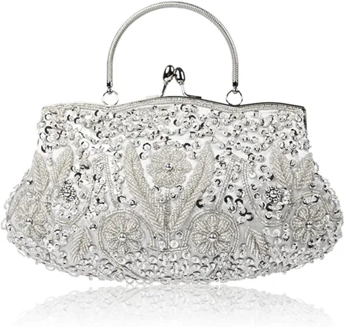 CORIOS Bolso de mano de noche para mujer, bolso de lentejuelas vintage con cuentas para novia, boda