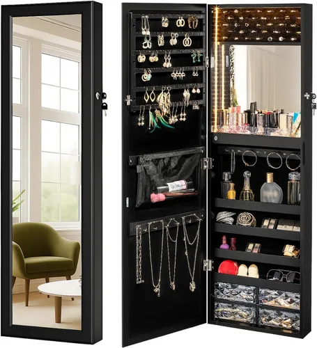 Miniatura 8 de LUXFURNI Espejo con luces LED, armario de joyería montado en la pared o para colgar en la puerta, espejo de longitud completa de 42 pulgadas