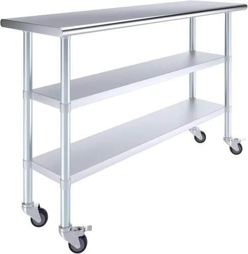 Miniatura 31 de AmGood Mesa de trabajo de acero inoxidable con 2 estantes y ruedas Mesa de trabajo de metal con ruedas