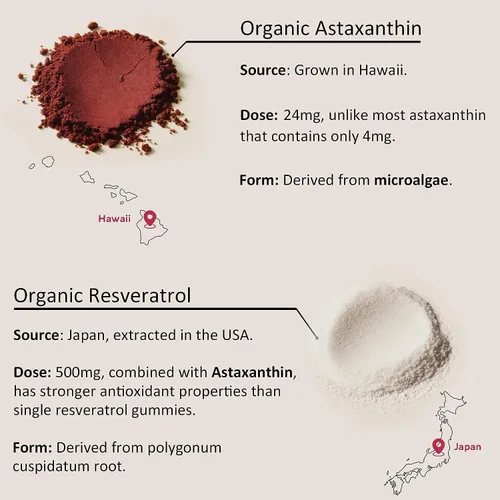 Miniatura 5 de Suplementos de astaxantina de 24 mg con resveratrol, vitamina B1, aceite de coco, antioxidantes orgánicos de algas para hombres y mujeres