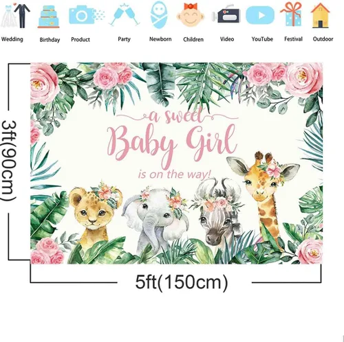 Miniatura 5 de Telón de fondo de safari para baby shower, decoración de fiesta de animales de safari en la selva para bebé, fondo de fotografía vegetal, 5 x 3 pies