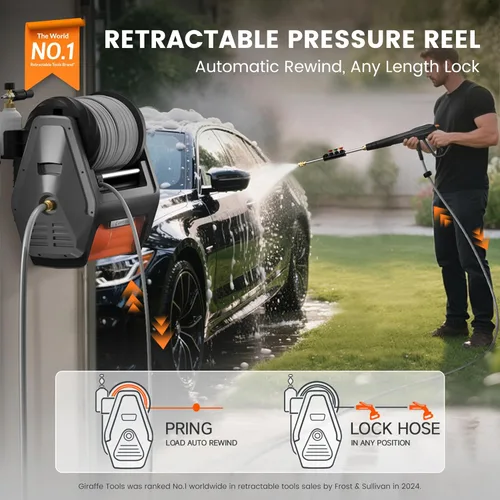 Miniatura 3 de Giraffe Tools Grandfalls Lavadora a Presión Retráctil Pro, Lavadora a Presión Montada en Pared con Motor sin Escobillas de 1800W, Lavadora a Presión