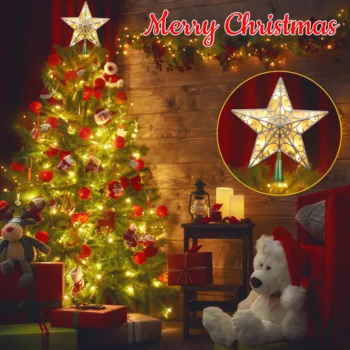 Miniatura 7 de Brizled Estrella para Copa del Árbol de Navidad de 9.5", Copa Plateada con Purpurina, Adorno 3D para Árbol de Navidad con 10 Luces, Certificado UL