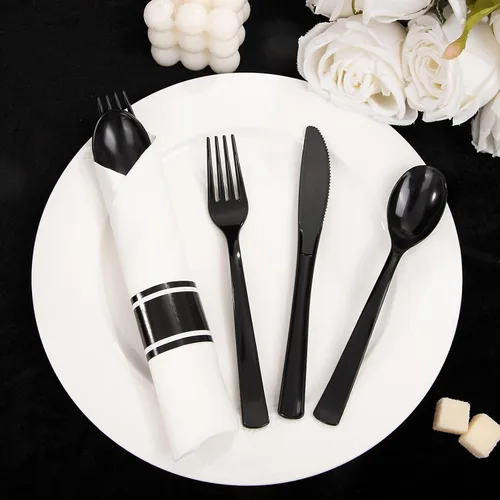 Miniatura 3 de Supernal Paquete de 120 cubiertos de plástico negro, cubiertos enrollados desechables, juego de cubiertos preenvueltos con servilleta, utensilios
