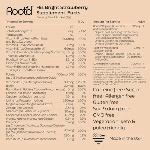 Miniatura 6 de Root'd Multivitamínico en polvo para hombres – 24 vitaminas y minerales con 3 electrolitos, 9 superalimentos orgánicos, probióticos y enzimas