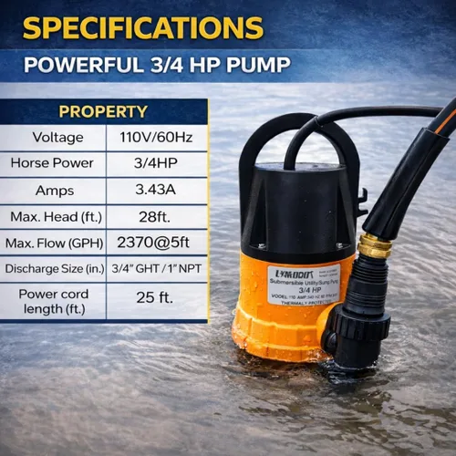 Miniatura 5 de Bomba de agua sumergible con kit de manguera de jardín de 25 pies, bomba de sumidero, bomba de utilidad con cable de alimentación de 25 pies, bomba