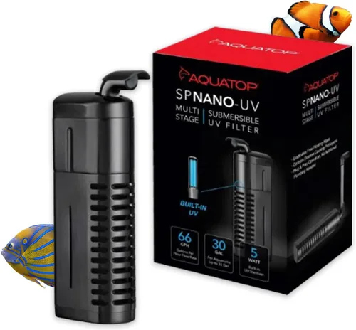 Aquatop Filtro nano sumergible de 5 W, para 10-30 galones, caudal de 66 GPH, para agua cristalina, ideal para uso en agua dulce y salada, SPNANO-UV