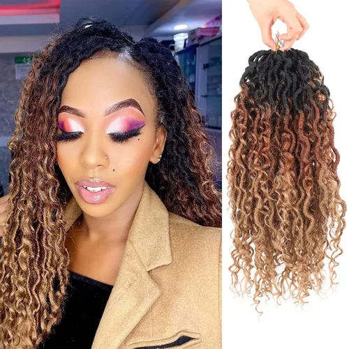 Miniatura 44 de Cabello de Crochet de 8 Pulgadas para Mujeres Negras, 7 Paquetes de Cabello de Crochet Goddess Locs con Puntas Rizadas, Locs Falsos Cortos con Bucle