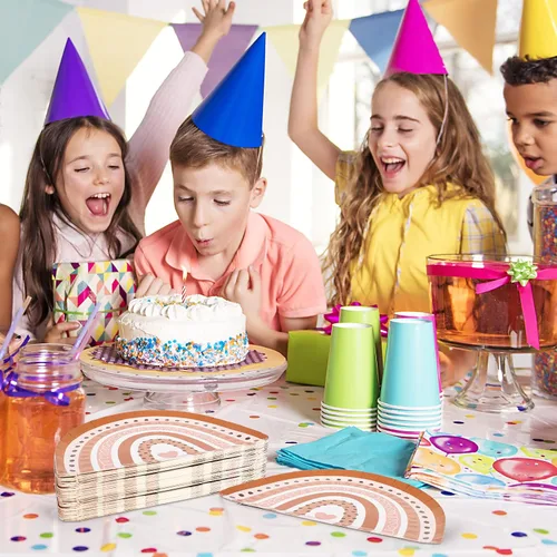 Miniatura 5 de AnyDesign Platos de papel boho arco iris, platos de postre desechables retro hippie para suministros de fiesta de cumpleaños, decoración de mesa