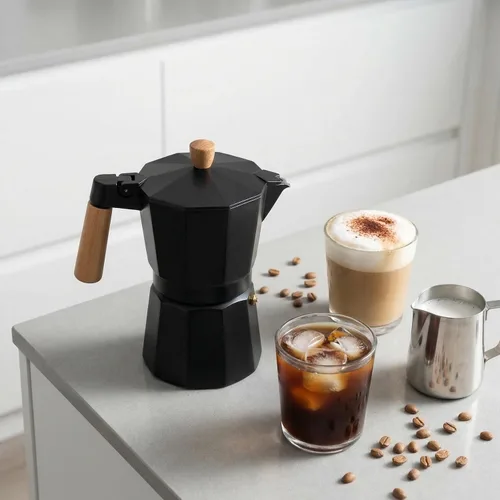 Miniatura 6 de Cafetera italiana de aluminio Moka Pot Espresso (3 tazas) (6 tazas) (9 tazas) (Beige+madera, 3 tazas de espresso)