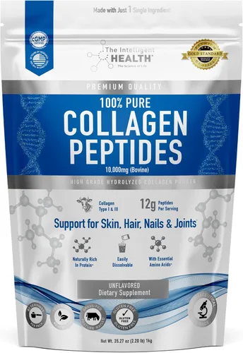 The Intelligent Health - Péptidos de colágeno hidrolizado en polvo, alimentados con pasto, alto en proteínas, sin sabor, libres de gluten, apto para