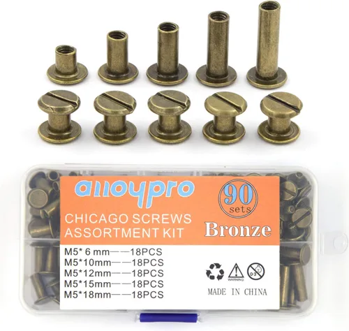 Miniatura 11 de Juego de 50 tornillos de fijación Chicago de bronce, kit surtido de remaches de uñas, botón Chicago, decoración de cuero, encuadernación redonda