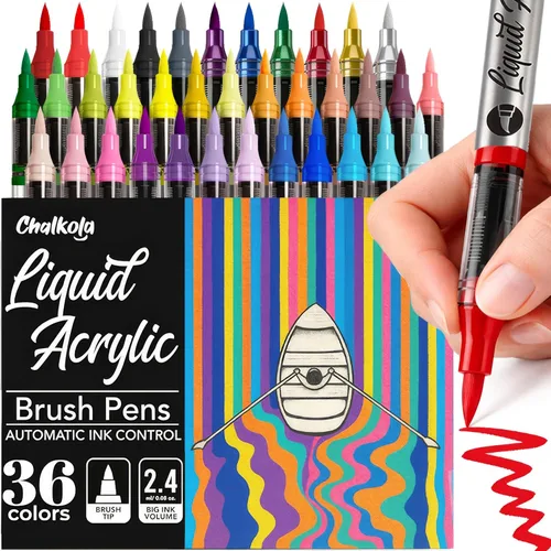 Chalkola 36 marcadores de pintura acrílica con punta de pincel – Rotulador acrílico flexible, no se corrige, bolígrafos de pintura impermeables para