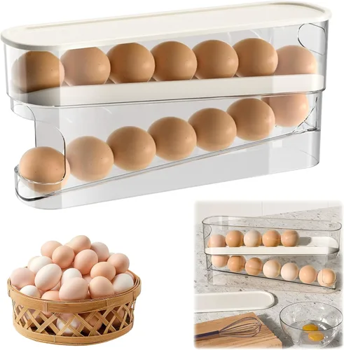 Soporte para huevos para nevera, organizador de huevos para refrigerador de desplazamiento automático para huevos, dispensador rodante, contenedor